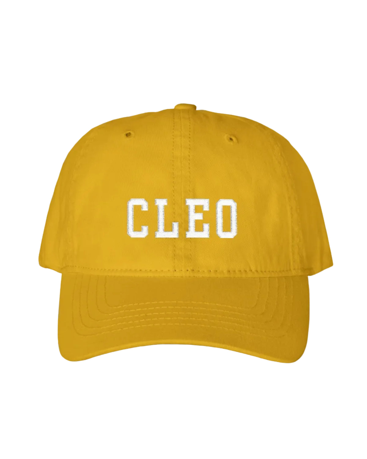 A yellow baseball cap with the word 'CLEO' embroidered in white block letters on the front, shown against a plain white background.