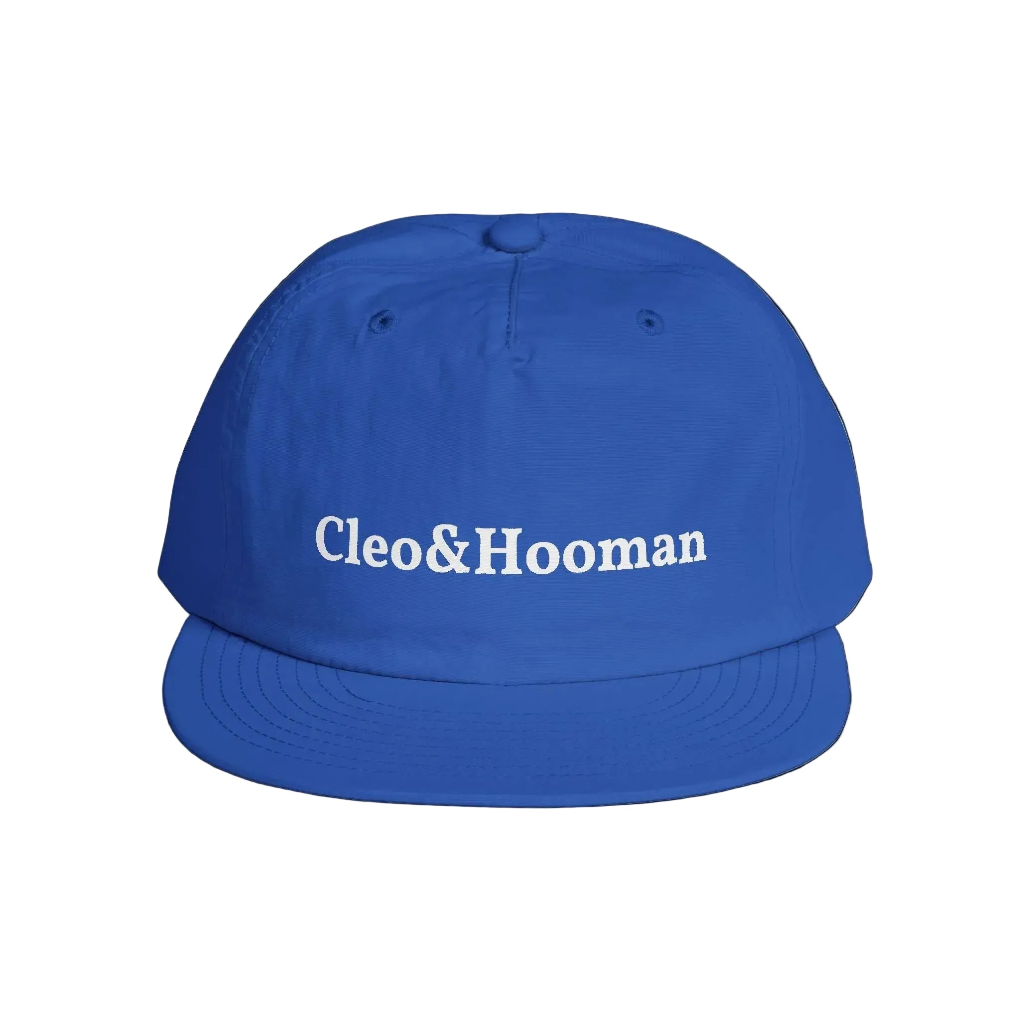 Blue cap with 'Cleo&Hooman' text on a white background