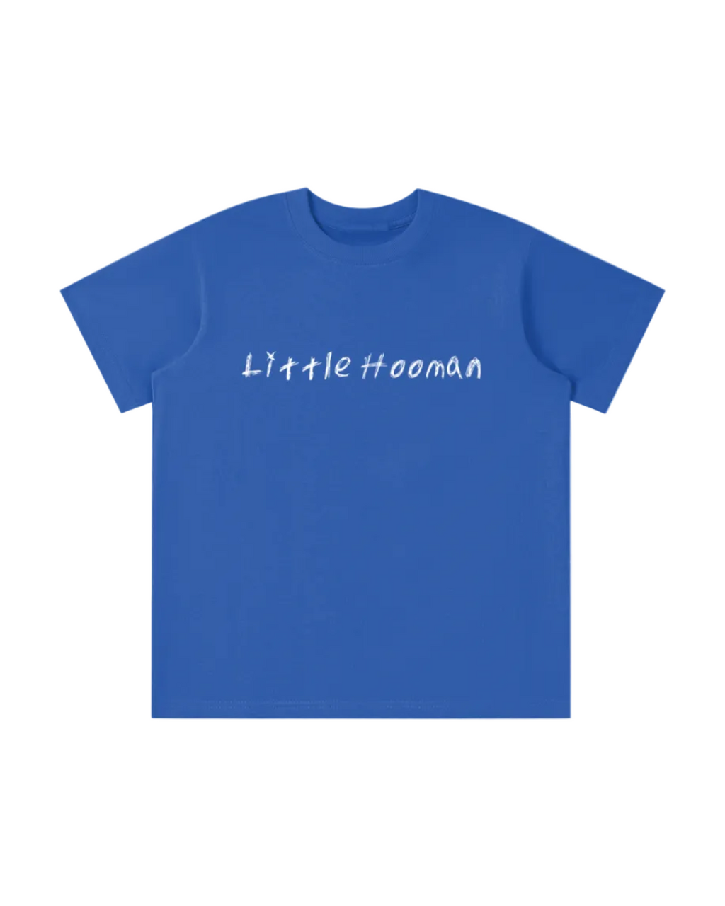 A royal blue short-sleeve crewneck t-shirt with the text 'Little Hooman' printed in white script across the chest, displayed on a solid white background.