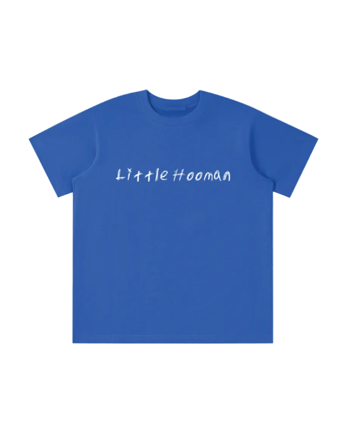 A royal blue short-sleeve crewneck t-shirt with the text 'Little Hooman' printed in white script across the chest, displayed on a solid white background.