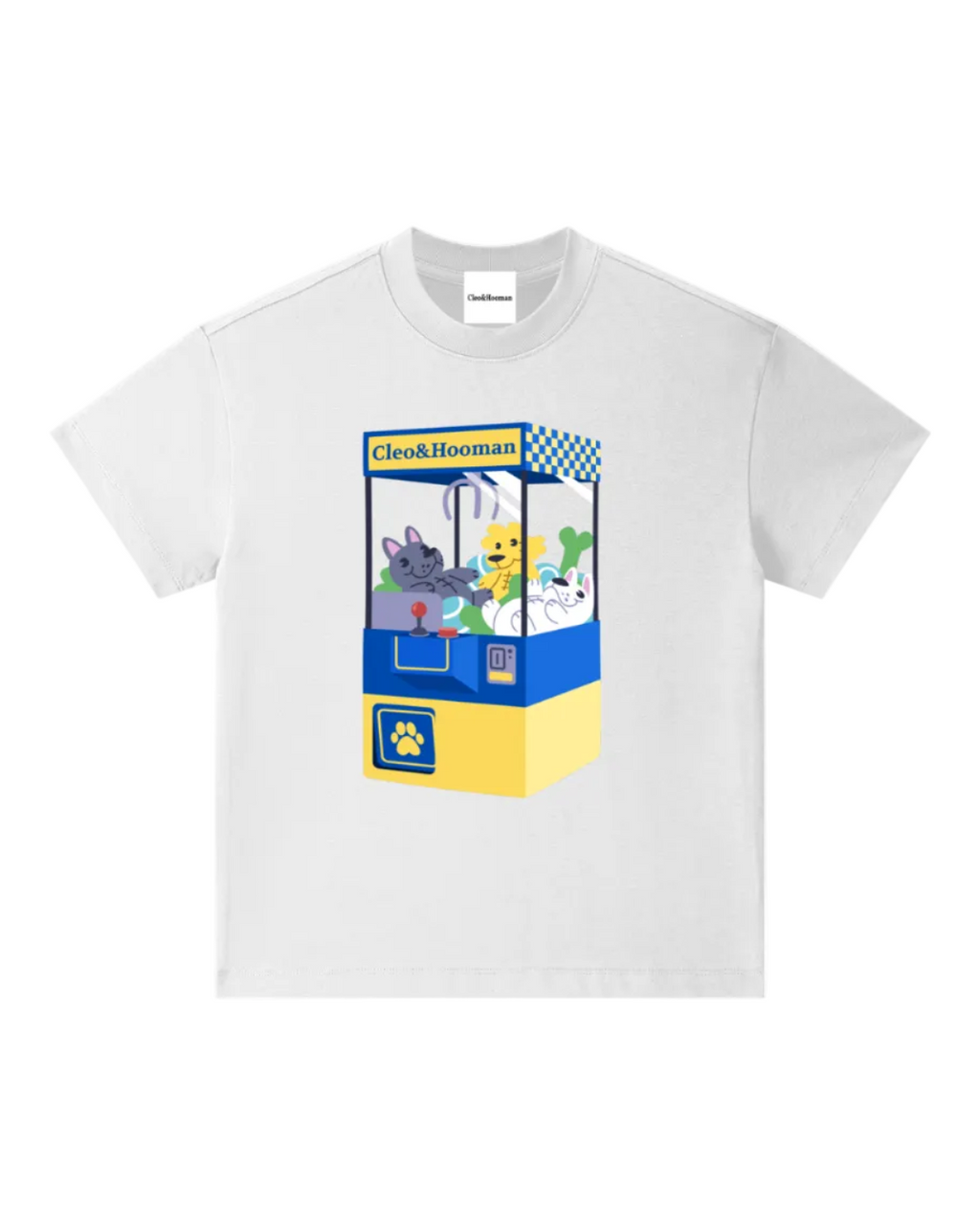A white short-sleeve crewneck t-shirt featuring a colorful graphic print of a claw machine with cartoon characters, displayed on a clean white background.