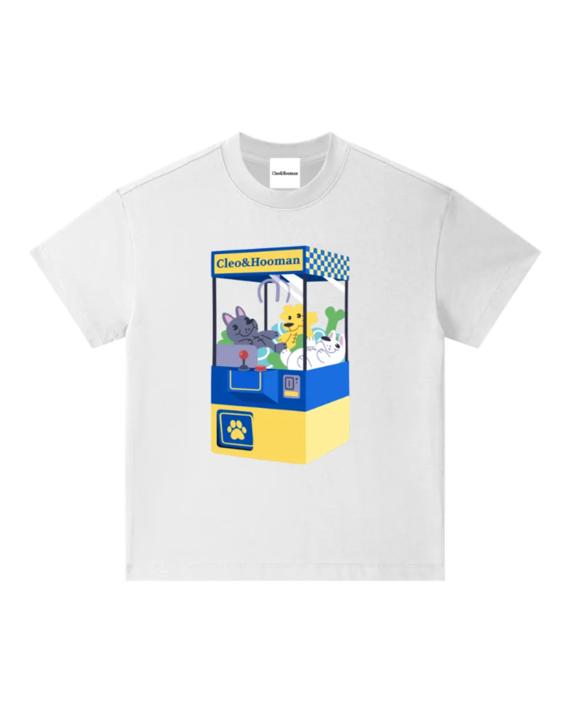 A white short-sleeve crewneck t-shirt featuring a colorful graphic print of a claw machine with cartoon characters, displayed on a clean white background.