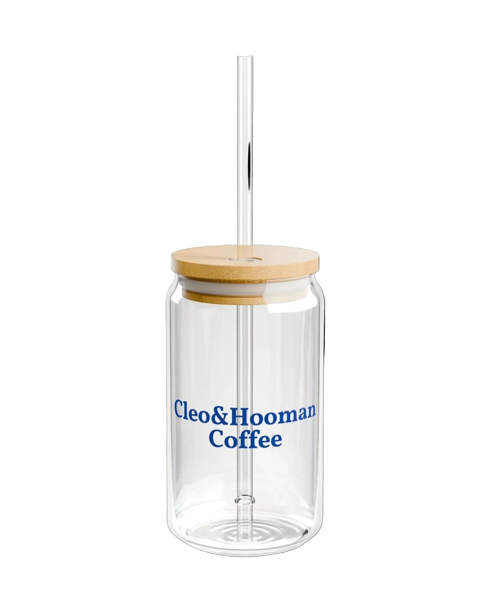 A clear glass tumbler with a bamboo lid and a clear straw, printed with the blue text 'Cleo&Hooman Coffee' on the front, set against a plain white background.