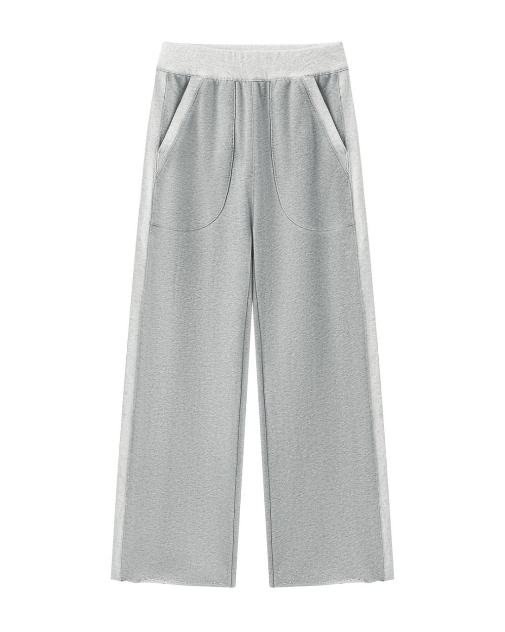 Light gray wide-leg cropped pants with a matching elastic waistband and side pockets, shown flat on a white background.