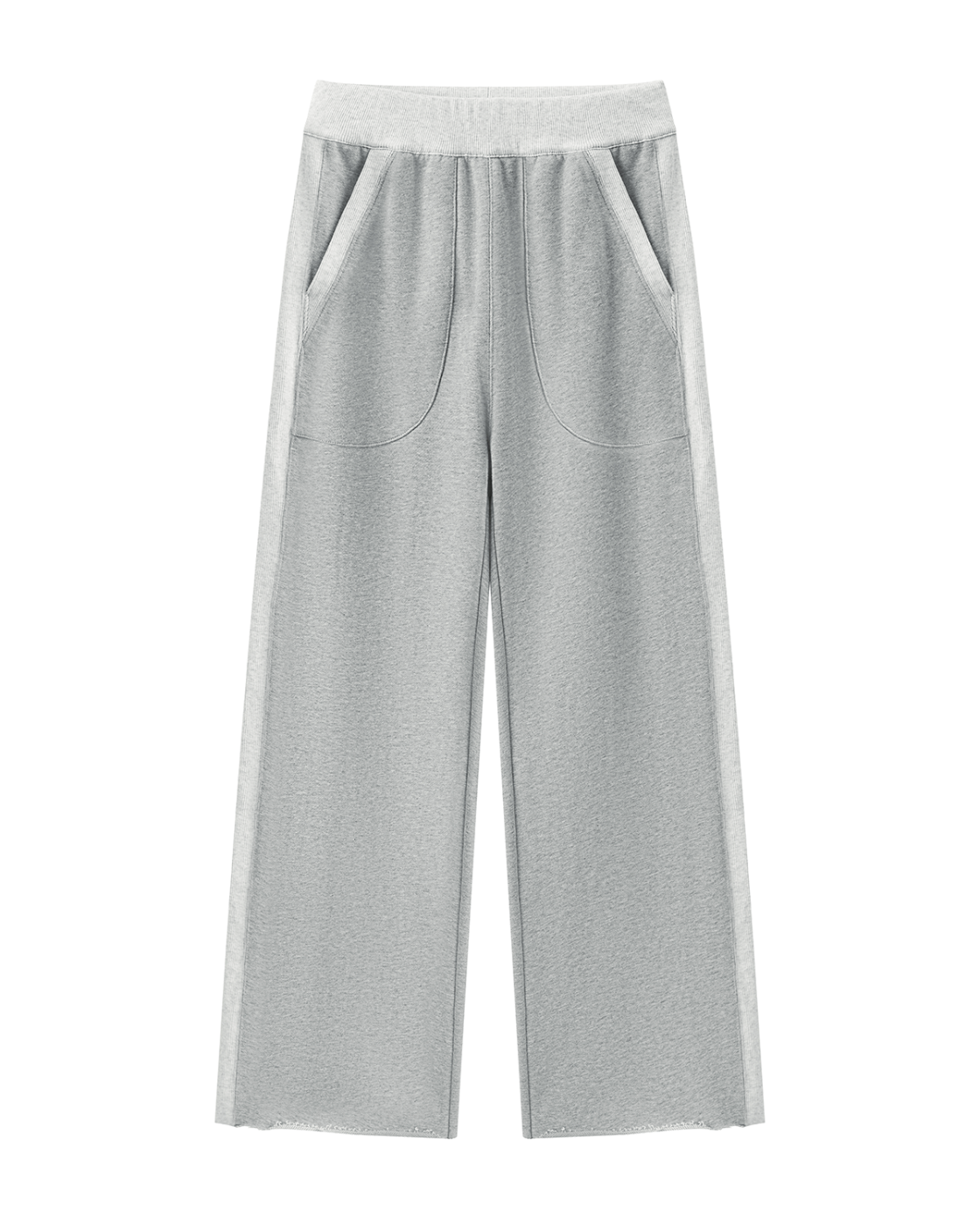 Light gray wide-leg cropped pants with a matching elastic waistband and side pockets, shown flat on a white background.