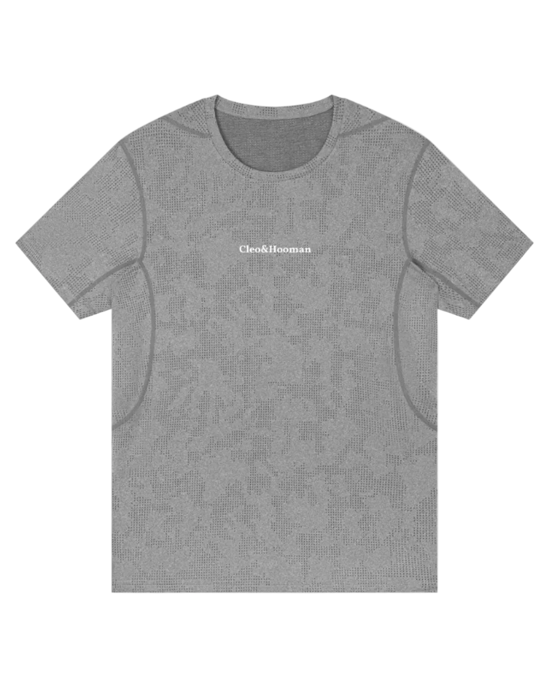 Gray textured t-shirt with a small logo on a white background