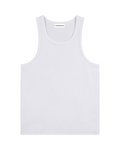 A plain white ribbed tank top laid flat against a solid white background.