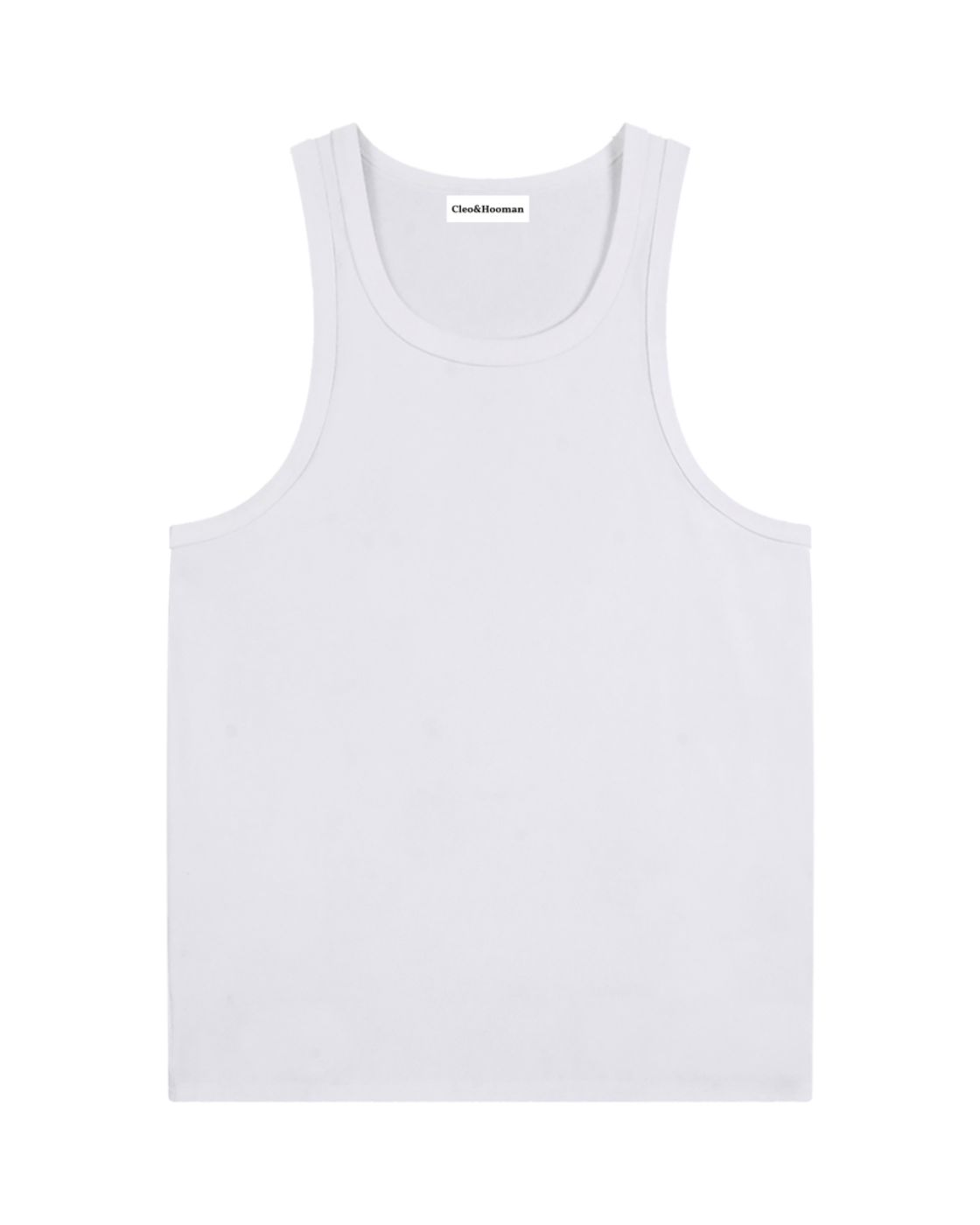 A plain white ribbed tank top laid flat against a solid white background.