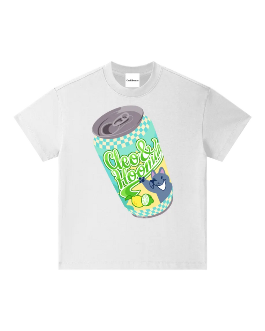 A white short-sleeve crewneck t-shirt featuring a colorful graphic of a tilted soda can with the text 'Cocktail Soda' in green script, a blue cat character, and a yellow lemon slice, shown on a plain white background.