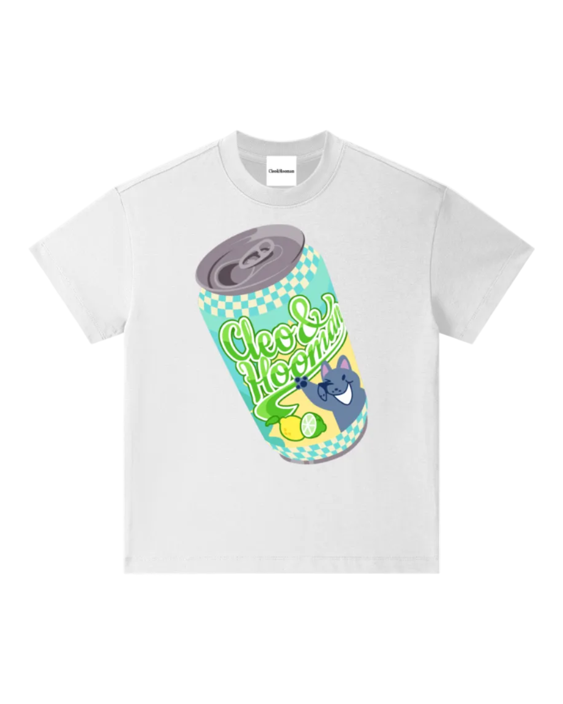 A white short-sleeve crewneck t-shirt featuring a colorful graphic of a tilted soda can with the text 'Cocktail Soda' in green script, a blue cat character, and a yellow lemon slice, shown on a plain white background.