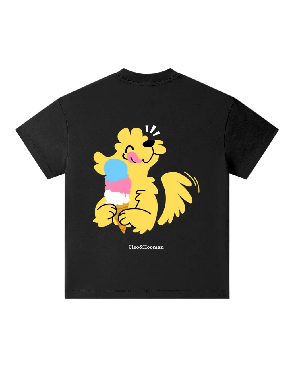 A black short-sleeve t-shirt with a cartoon graphic of a yellow bird character eating a colorful ice cream cone on the front. The text 'Cleo&Hooman' is printed below the graphic.