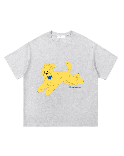 Gray t-shirt with a yellow dog graphic and 'Cloak & Cloak' branding on a white background