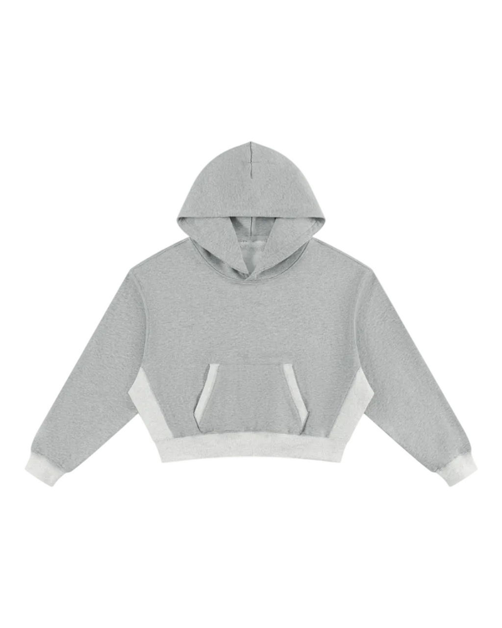 A light gray cropped hoodie with contrasting white side panels, a white front kangaroo pocket, and white ribbed cuffs and hem, shown against a plain white background.