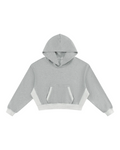 A light gray cropped hoodie with contrasting white side panels, a white front kangaroo pocket, and white ribbed cuffs and hem, shown against a plain white background.
