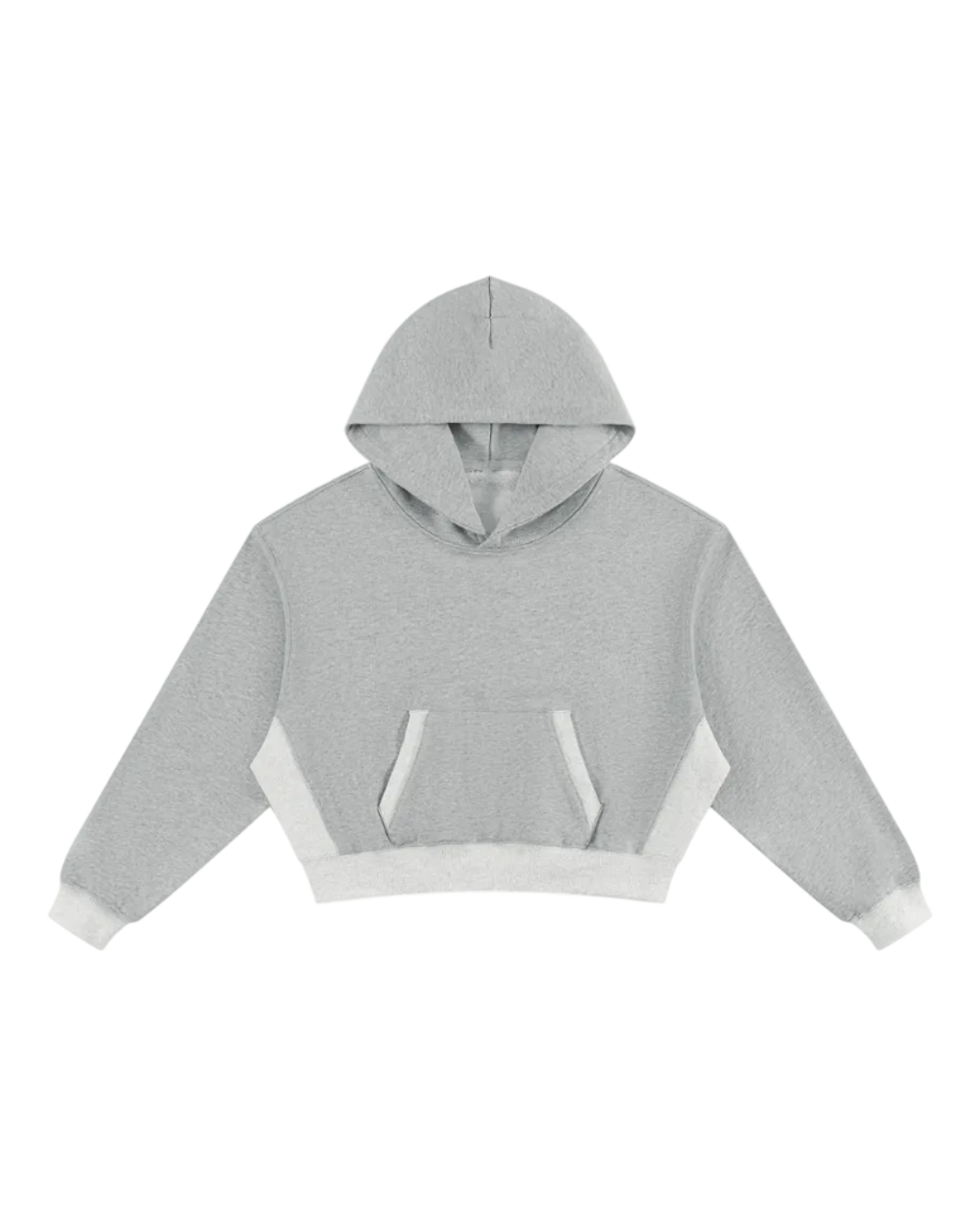 A light gray cropped hoodie with contrasting white side panels, a white front kangaroo pocket, and white ribbed cuffs and hem, shown against a plain white background.