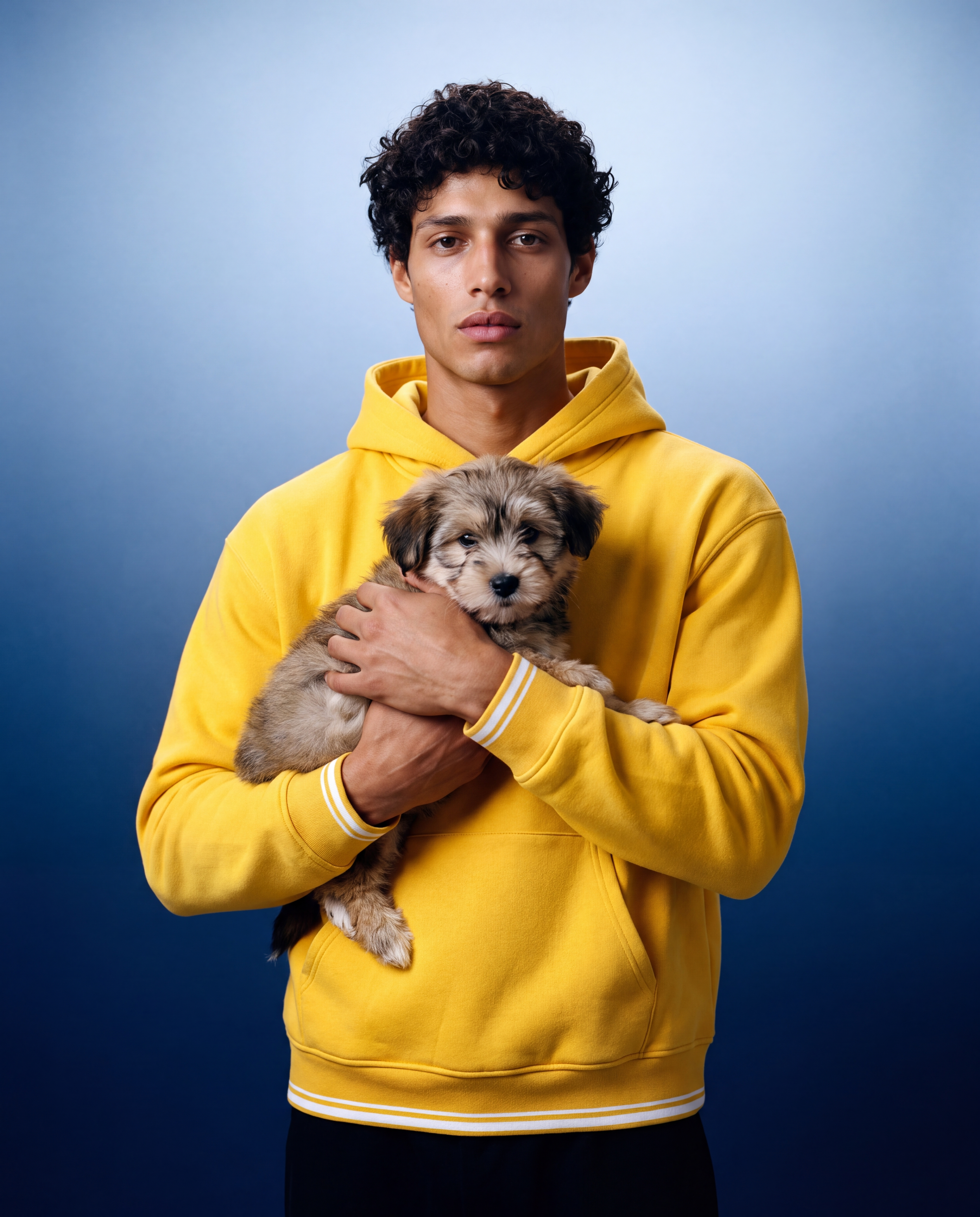 A man wearing a bright yellow hoodie holds a small fluffy gray and white puppy against a blue gradient studio background.