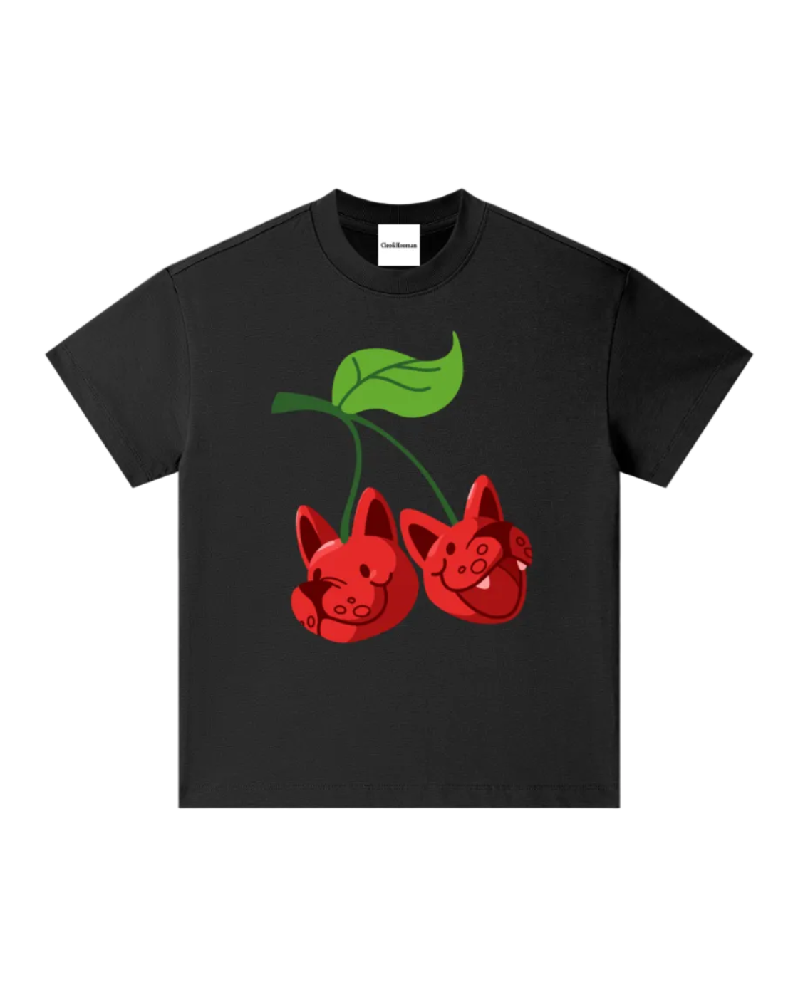 A black short-sleeve crewneck t-shirt featuring a graphic print of two red cherries with cartoon pig faces on the front, set against a plain white background.