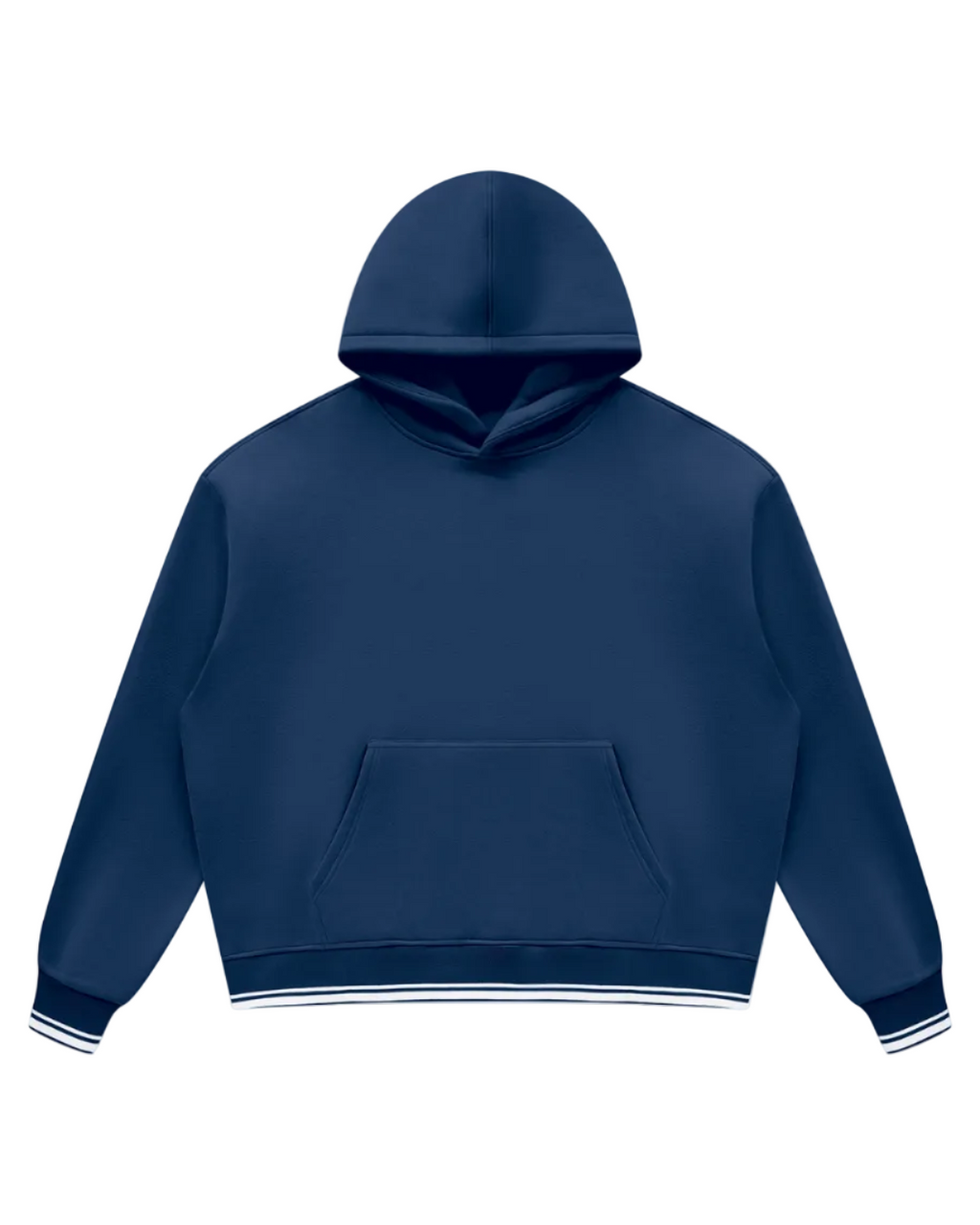A navy blue cropped pullover hoodie with white striped ribbing on the cuffs and hem, displayed against a solid white background.