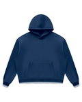 A navy blue cropped pullover hoodie with white striped ribbing on the cuffs and hem, displayed against a solid white background.