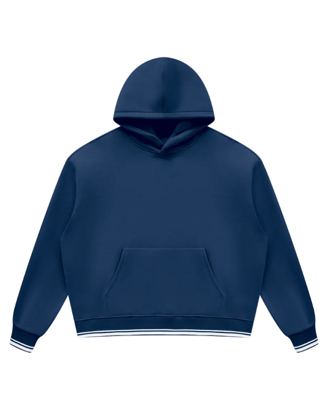 A navy blue cropped pullover hoodie with white striped ribbing on the cuffs and hem, displayed against a solid white background.