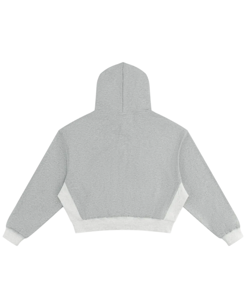 A light gray cropped hoodie shown from the back, featuring contrasting white knit panels at the bottom and cuffs, displayed on a solid white background.