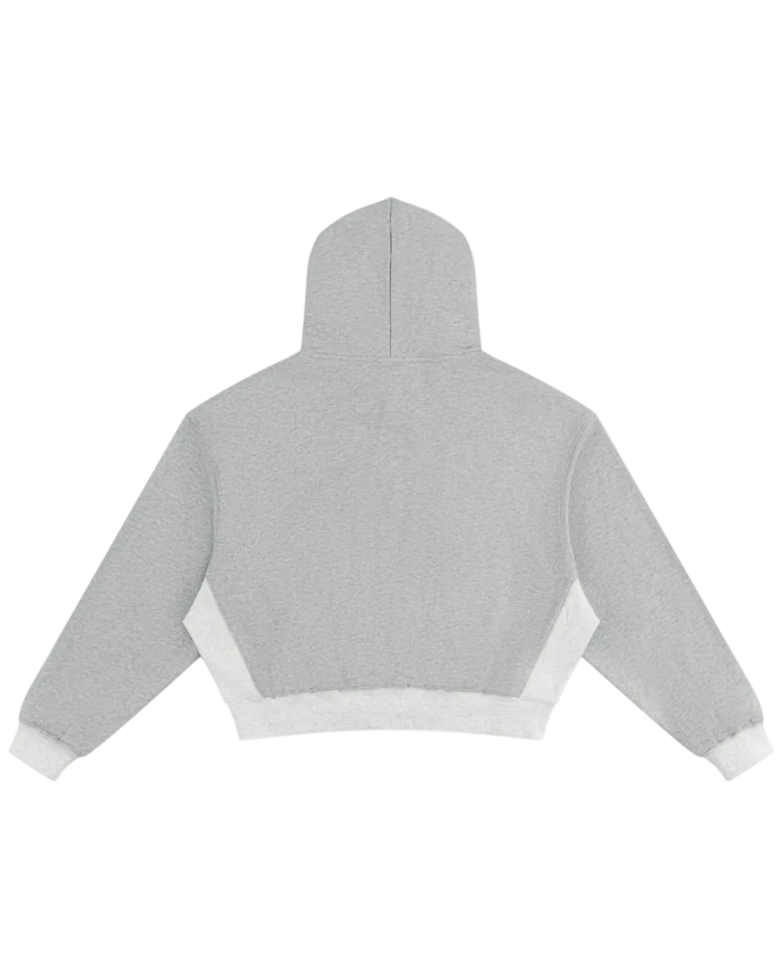 A light gray cropped hoodie shown from the back, featuring contrasting white knit panels at the bottom and cuffs, displayed on a solid white background.