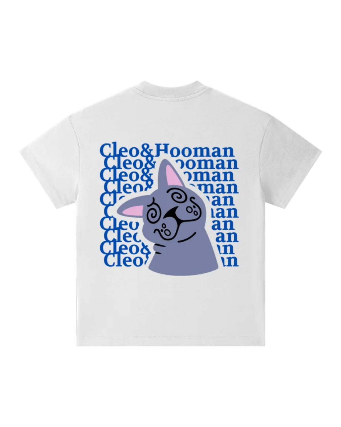 A white short-sleeve t-shirt with a graphic print on the front. The print features a stylized purple cat with pink inner ears and black swirl details, set against a background of repeating blue text that reads 'Cleo&Hooman'.