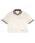 An off-white short-sleeve polo shirt with vertical stripes, featuring a dark brown and white striped collar and sleeve cuffs, and a small 'CheckMan' logo printed on the lower right hem.
