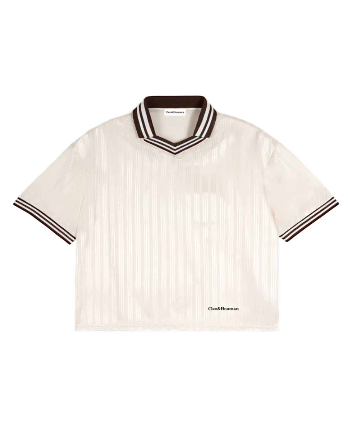 An off-white short-sleeve polo shirt with vertical stripes, featuring a dark brown and white striped collar and sleeve cuffs, and a small 'CheckMan' logo printed on the lower right hem.