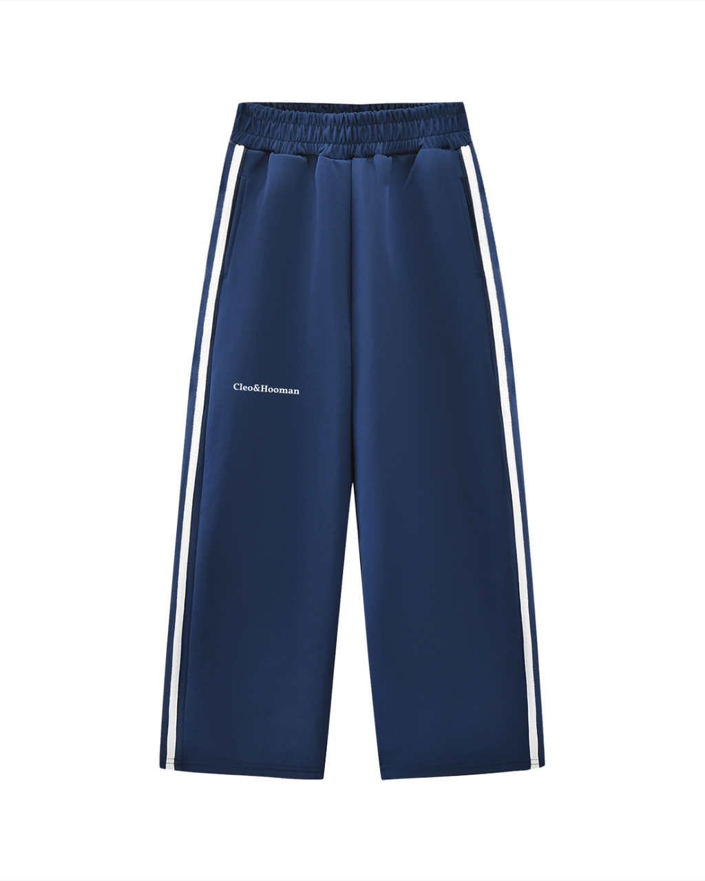 A pair of navy blue wide-leg sweatpants with white side stripes and a small white 'Check Mountains' logo on the left thigh, shown against a plain white background.