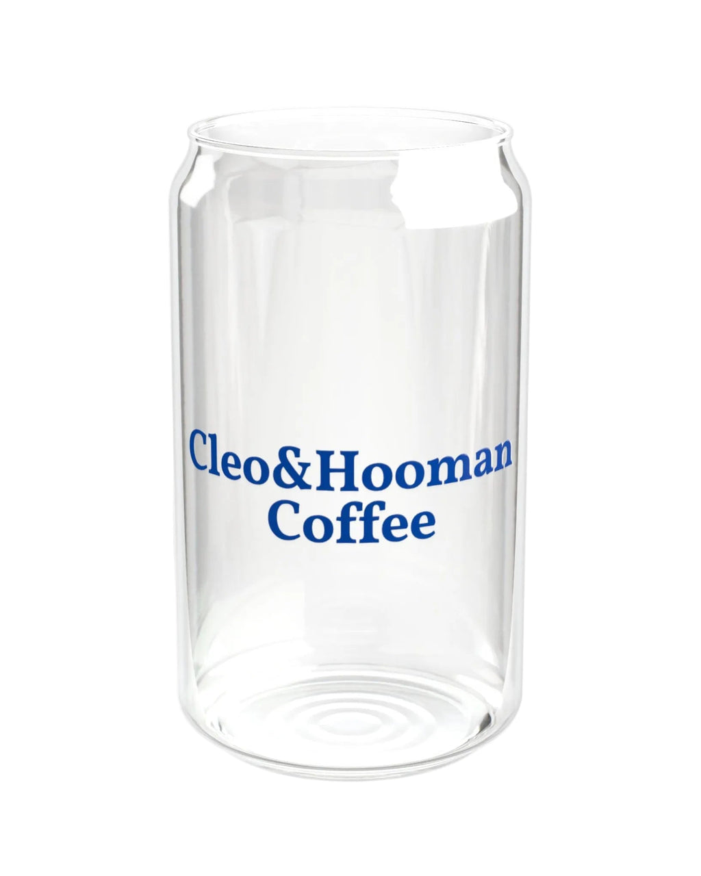 A clear glass can-shaped tumbler with blue text reading 'Cleo&Hooman Coffee' printed on the front, shown on a clean white background.