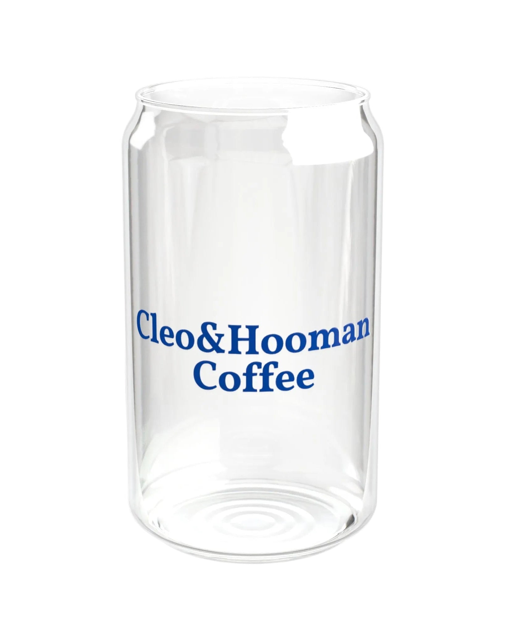 A clear glass can-shaped tumbler with blue text reading 'Cleo&Hooman Coffee' printed on the front, shown on a clean white background.