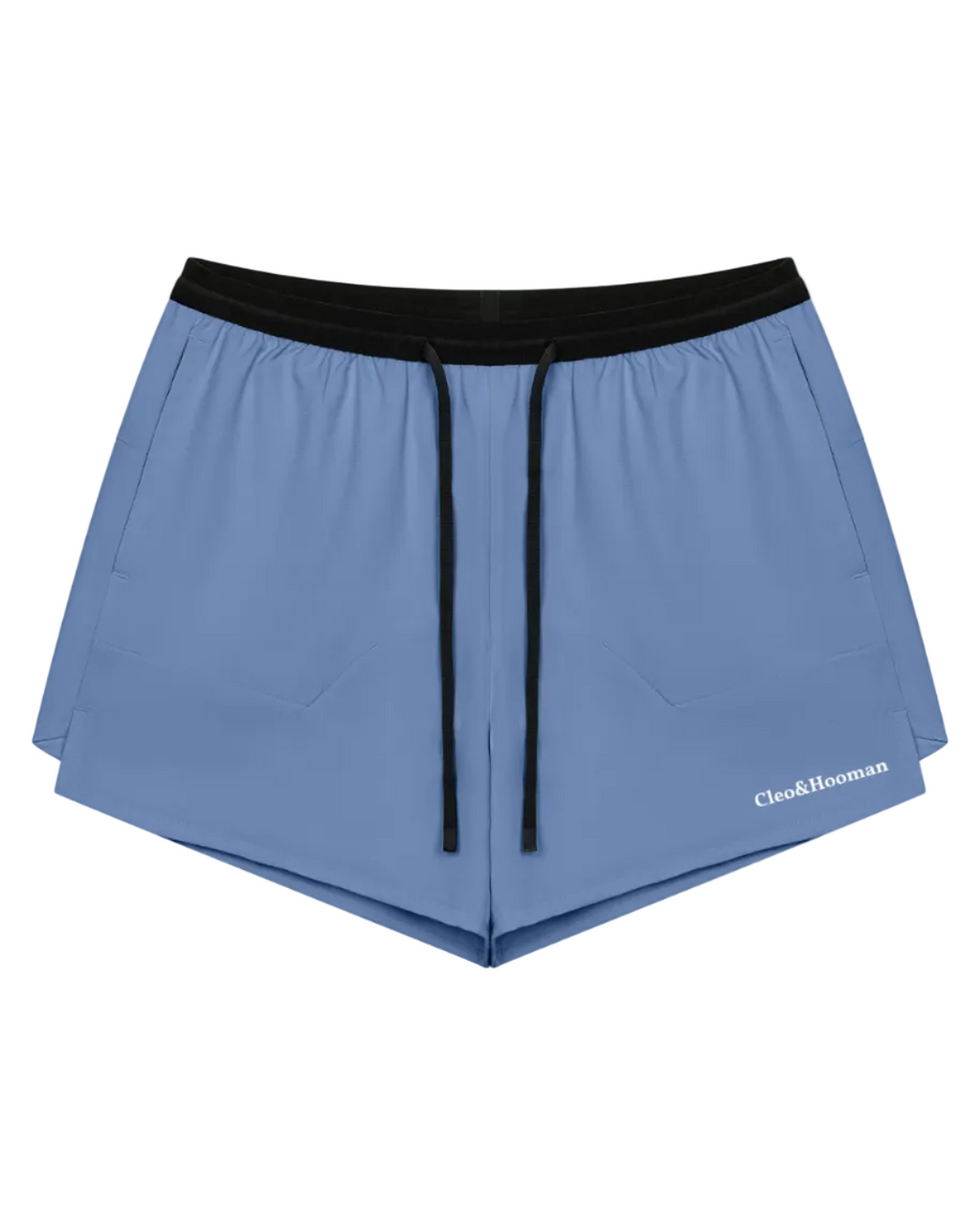 Light blue athletic shorts with a black elastic waistband, black drawstrings, and a small white 'Cleo&Hooman' logo on the lower right leg, shown against a plain white background.