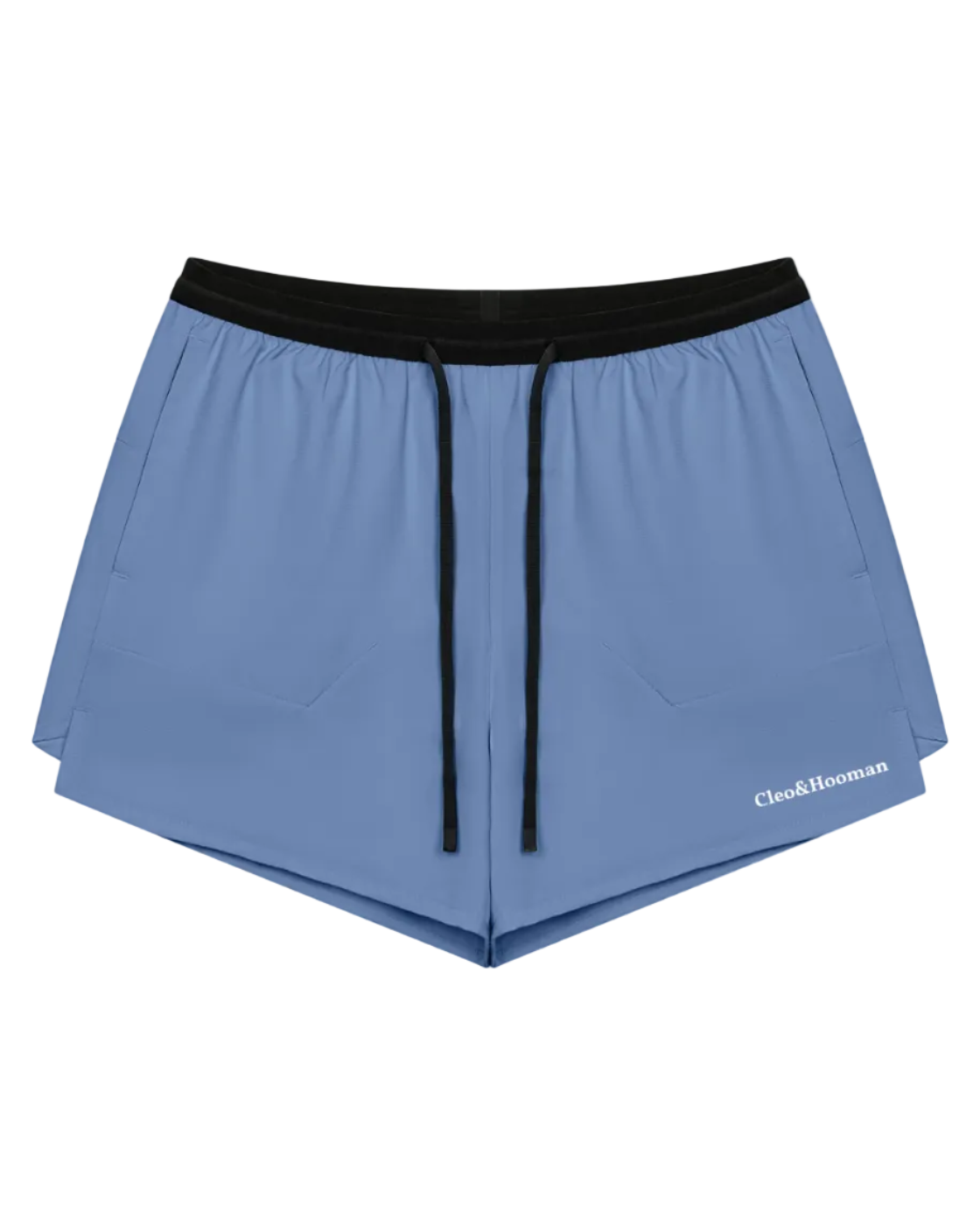 Light blue athletic shorts with a black elastic waistband, black drawstrings, and a small white 'Cleo&Hooman' logo on the lower right leg, shown against a plain white background.