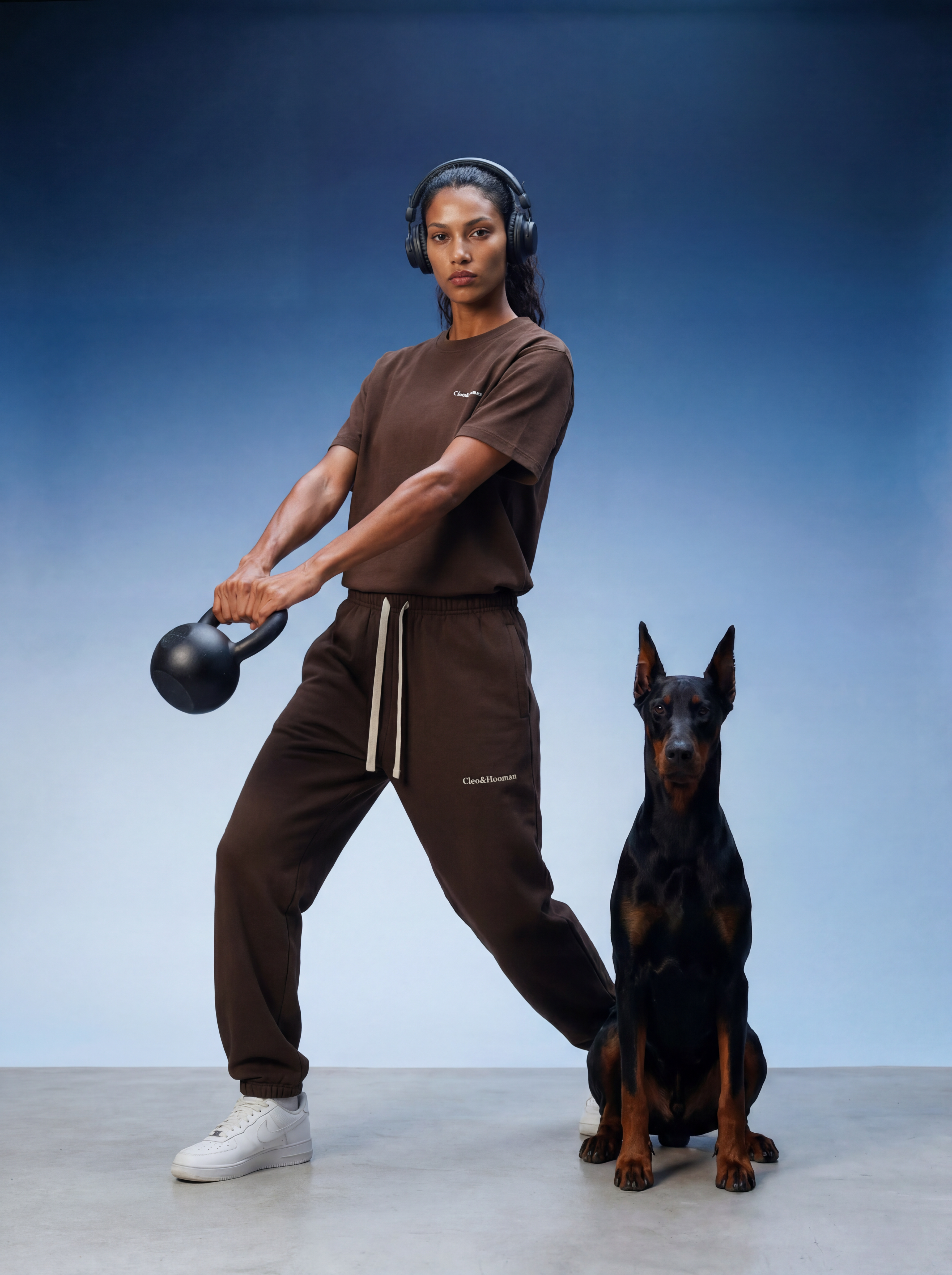 Person in brown outfit with kettlebell and dog on a blue gradient background