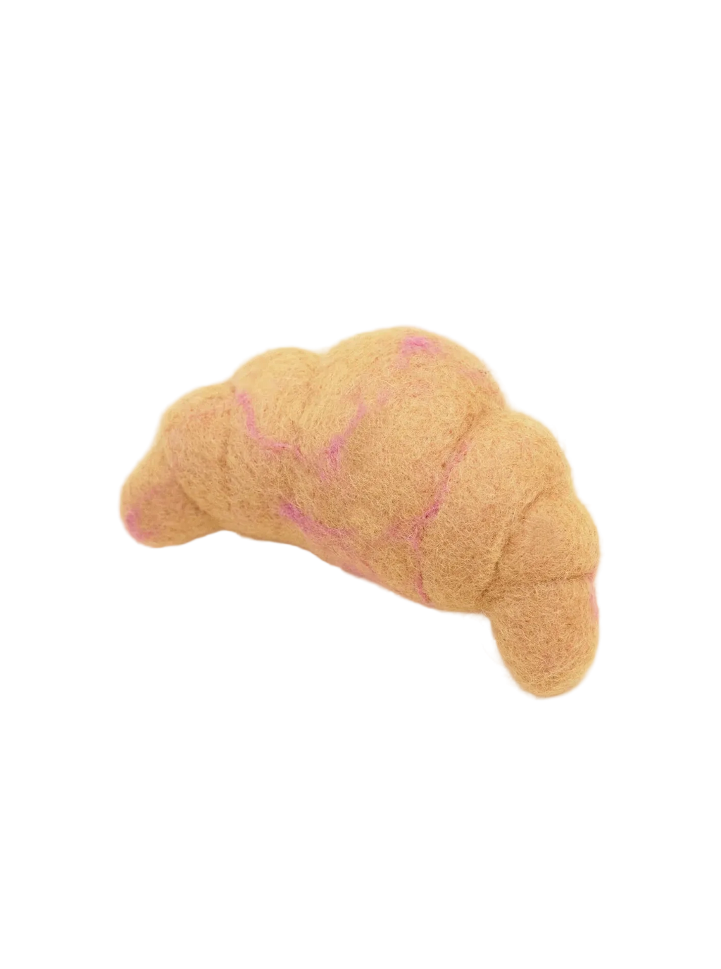 Croissant-shaped dog toy with pink stitching on a beige background