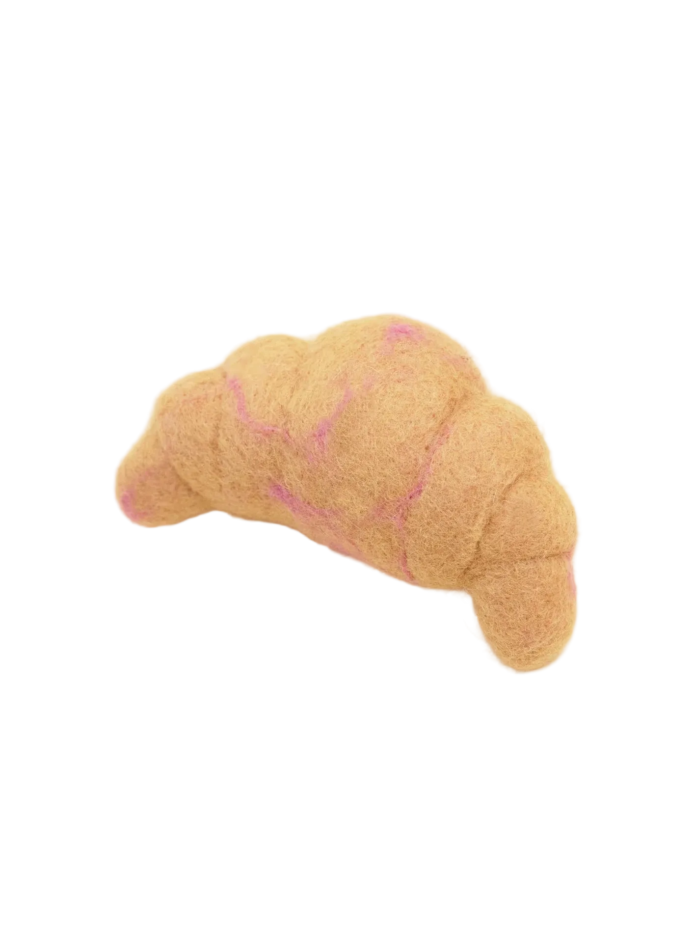 Croissant-shaped dog toy with pink stitching on a beige background