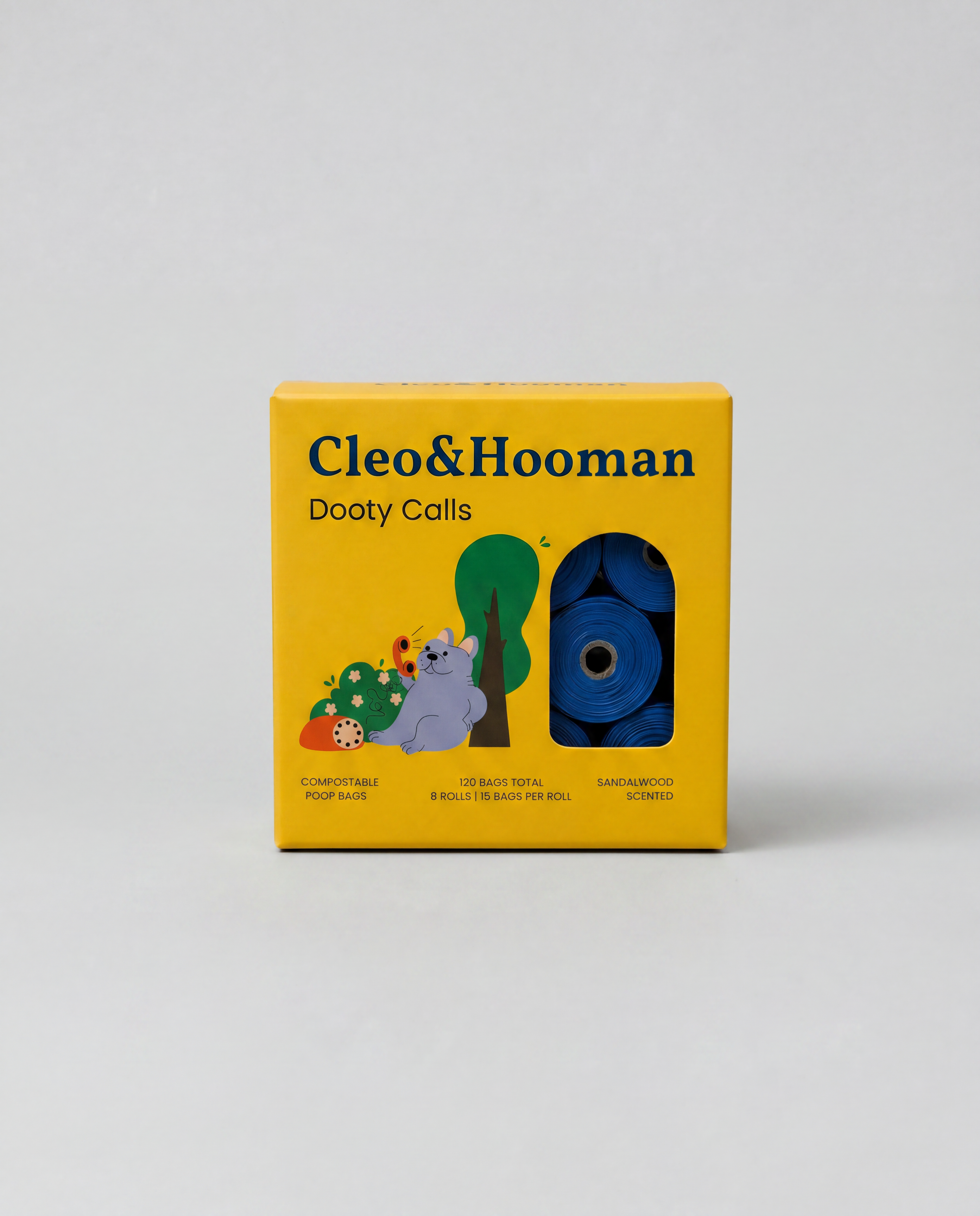 Yellow box with 'Cleo & Hooman' branding and a blue object on a white background