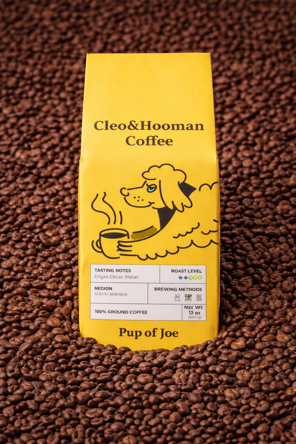  Cleo&hooman Colombian Coffee on a bed of coffee beans