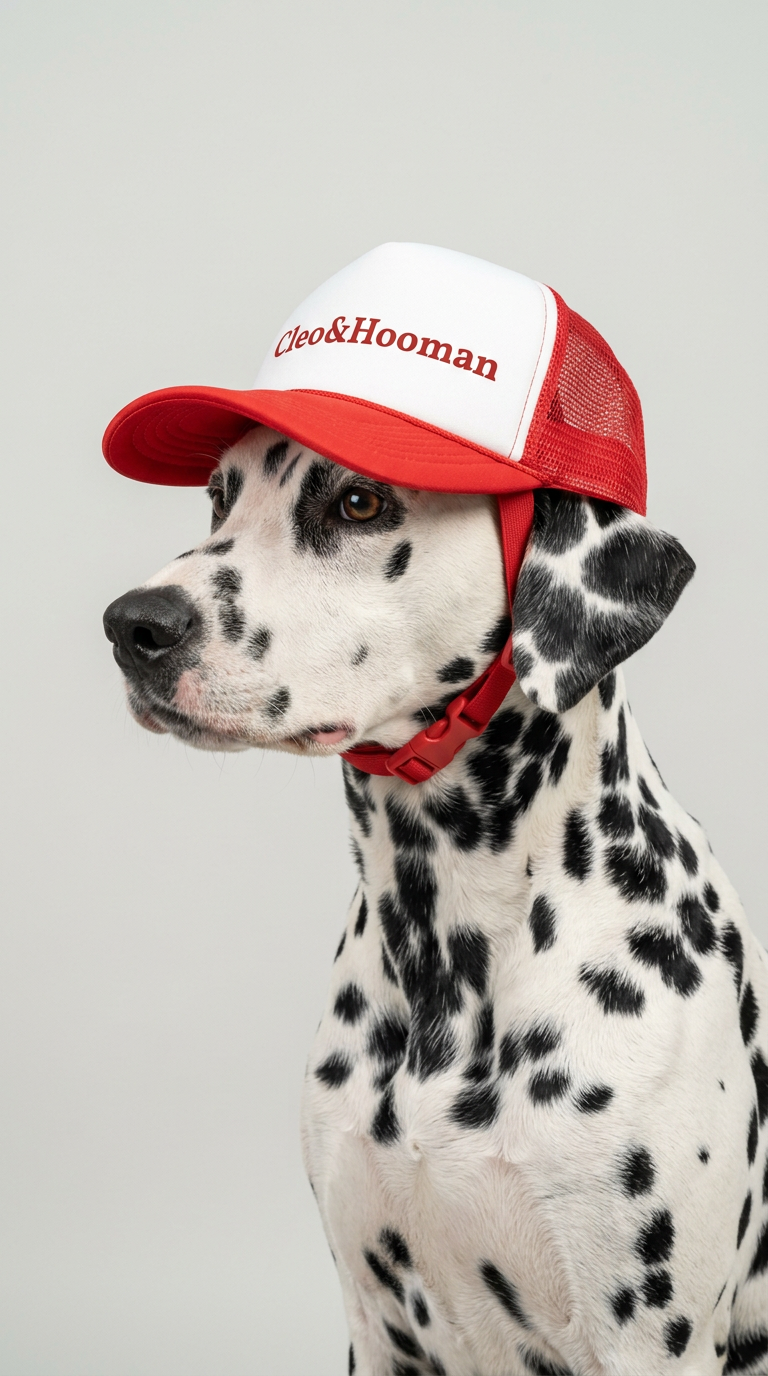 Dalmatian dog wearing a red cap with 'Cleek & Hooman' branding on a gray background
