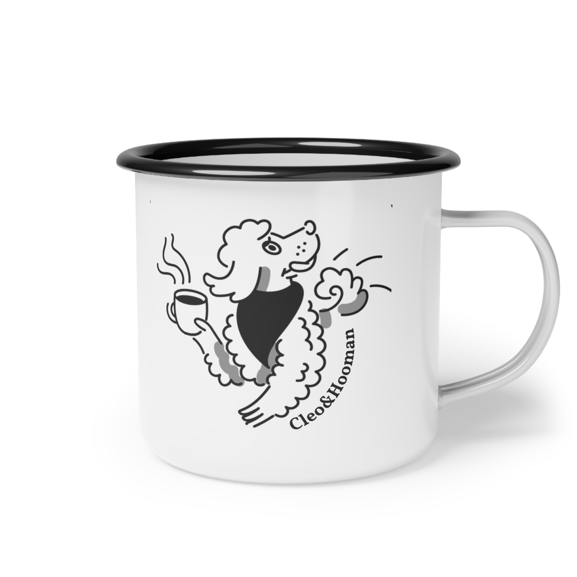 White mug with black rim and handle featuring a dog illustration and 'Cleo & Hooman' text on a white background.