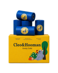 Cleo & Hooman dog waste bags with a yellow box on a gray background