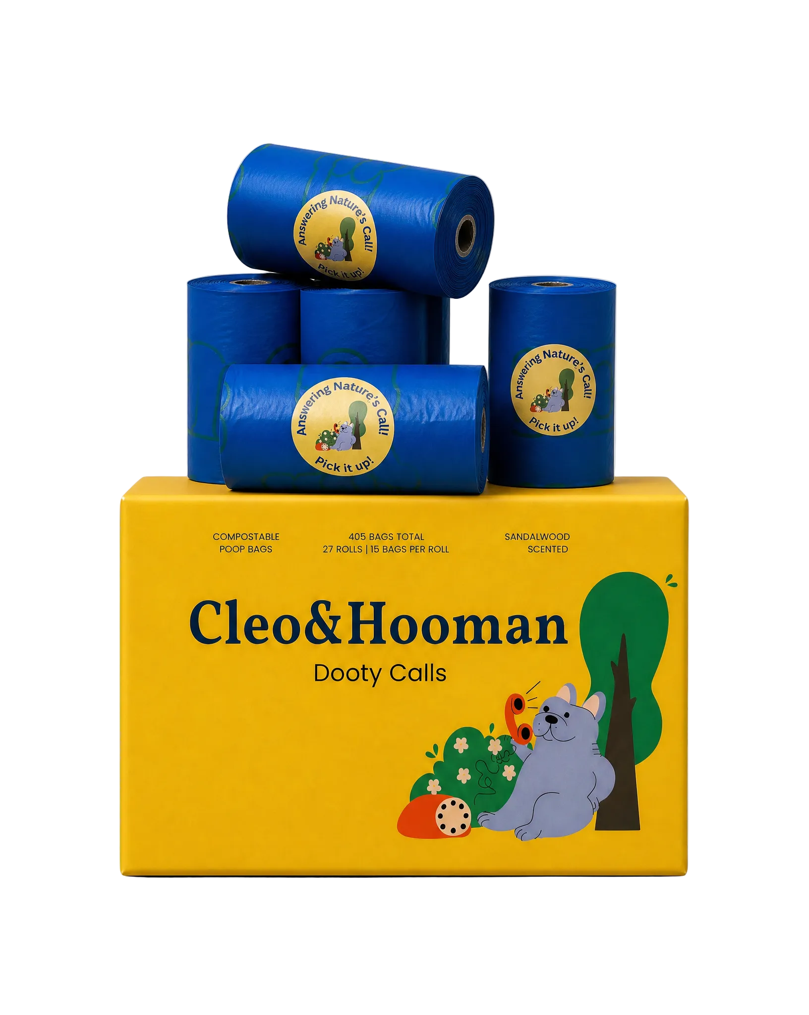 Cleo & Hooman dog waste bags with a yellow box on a gray background