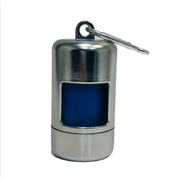Metallic keychain container with blue interior on a white background