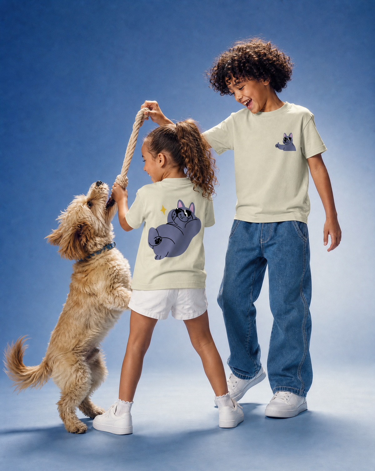 Two children and a small dog play tug-of-war with a thick rope against a blue studio background. Both children are wearing light cream T-shirts with a cartoon cat graphic, one on the chest and one on the back.