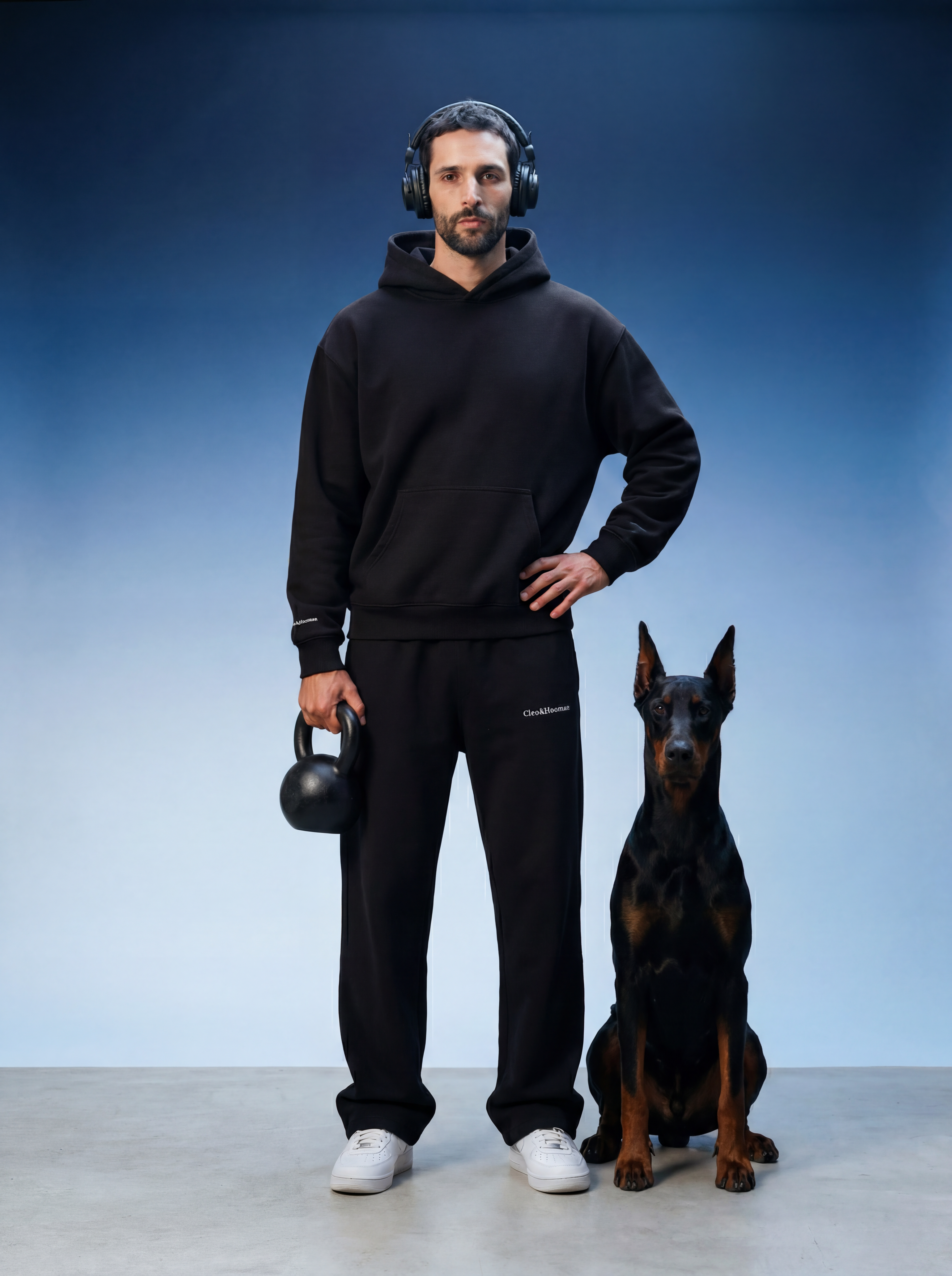 Man in black hoodie and pants holding a kettlebell with a dog sitting next to him on a blue gradient background