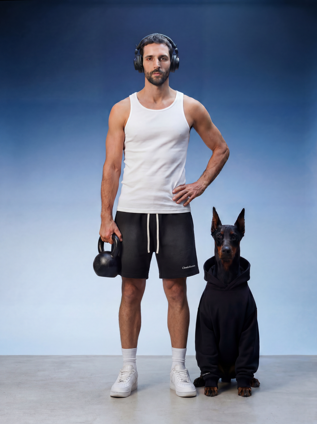 Man in white tank top and black shorts holding a kettlebell, standing next to a dog in a black hoodie against a blue background.
