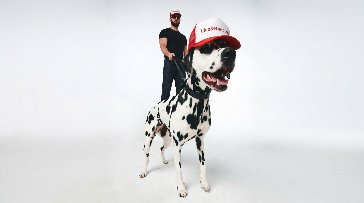 Person wearing a red cap with a logo standing next to a Dalmatian dog on a white background