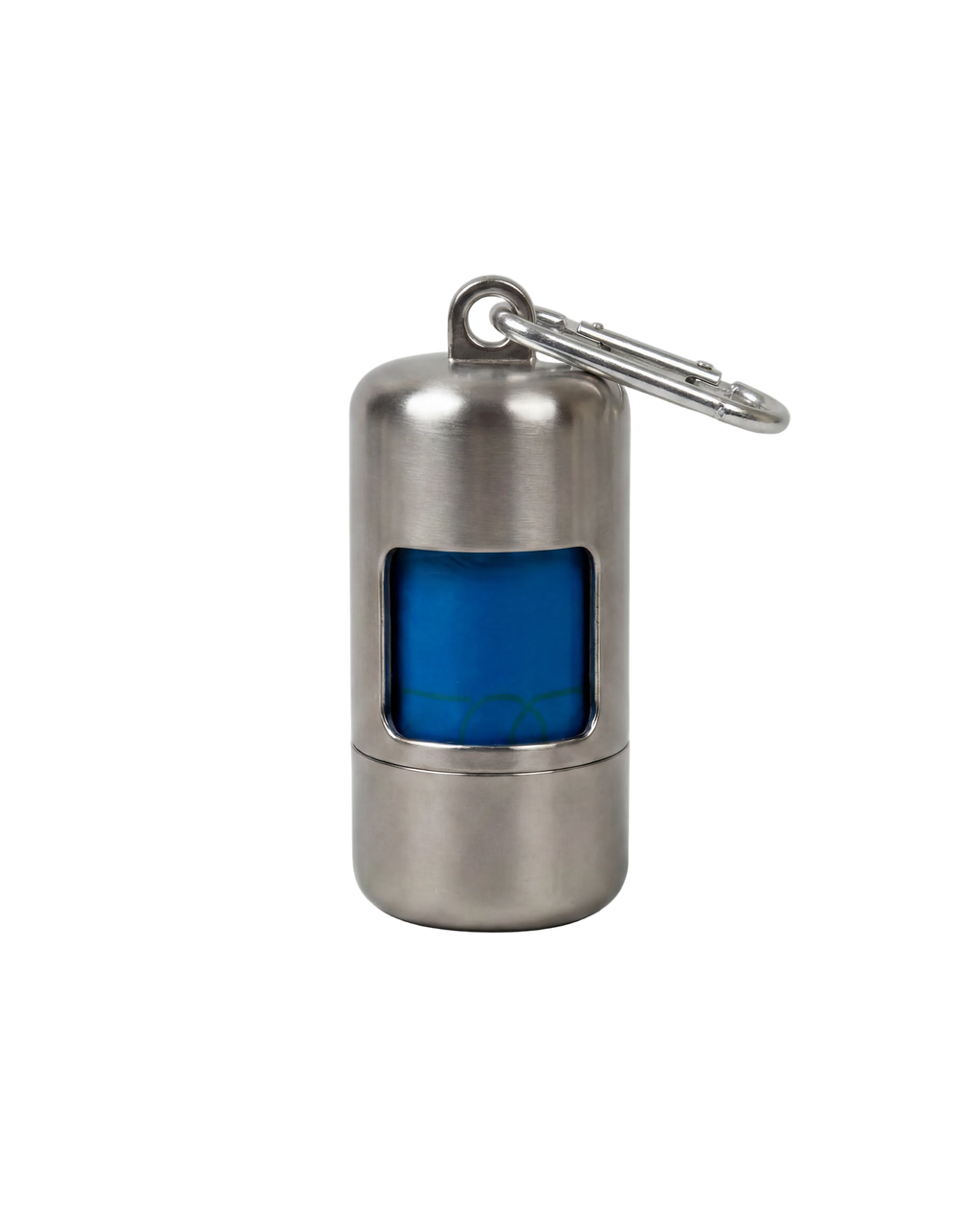 Metal keychain with blue light on a white background