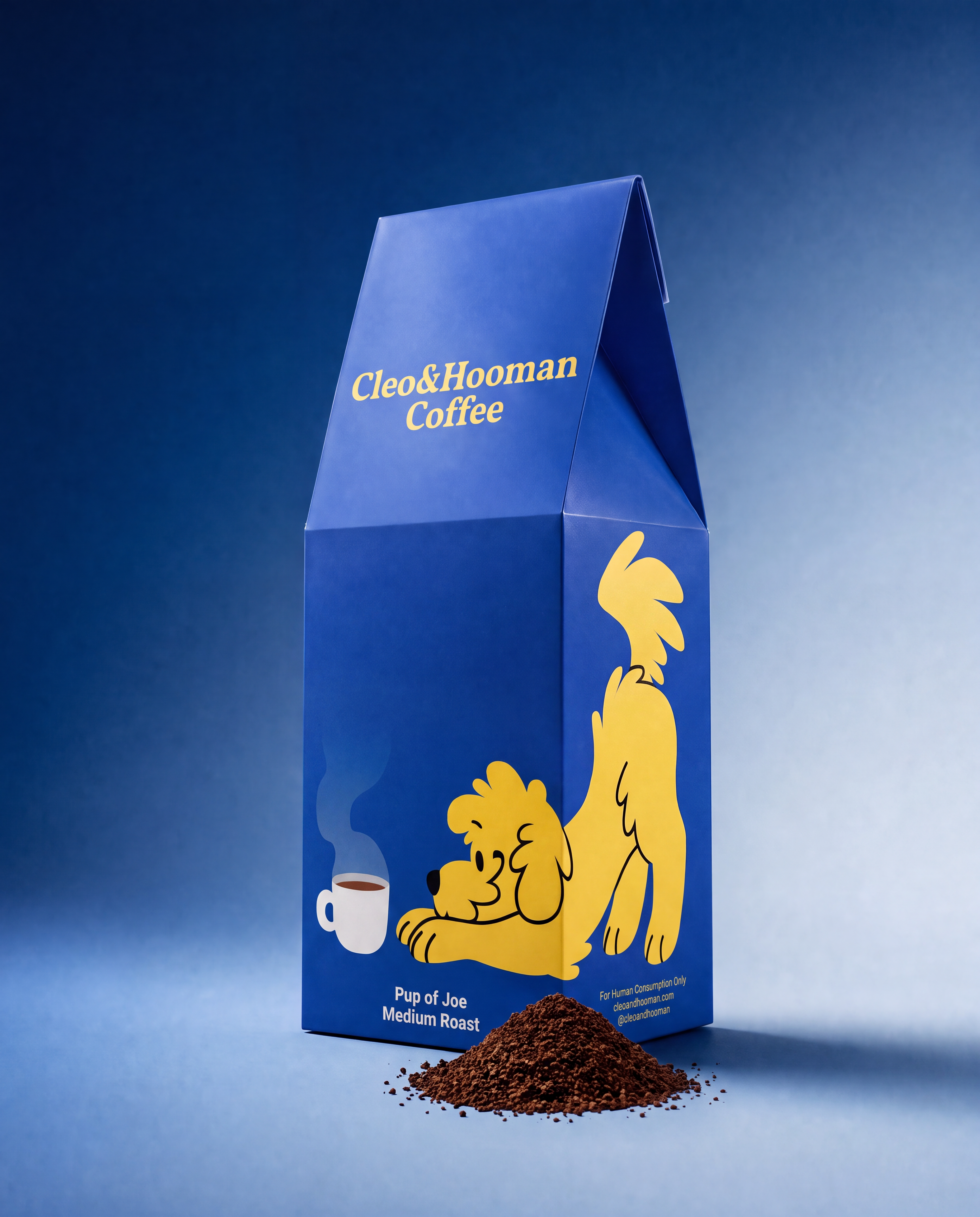 A blue stand-up coffee bag labeled Cleo & Hooman Coffee with a yellow cartoon dog illustration, shown on a blue gradient background with a small pile of ground coffee in front.